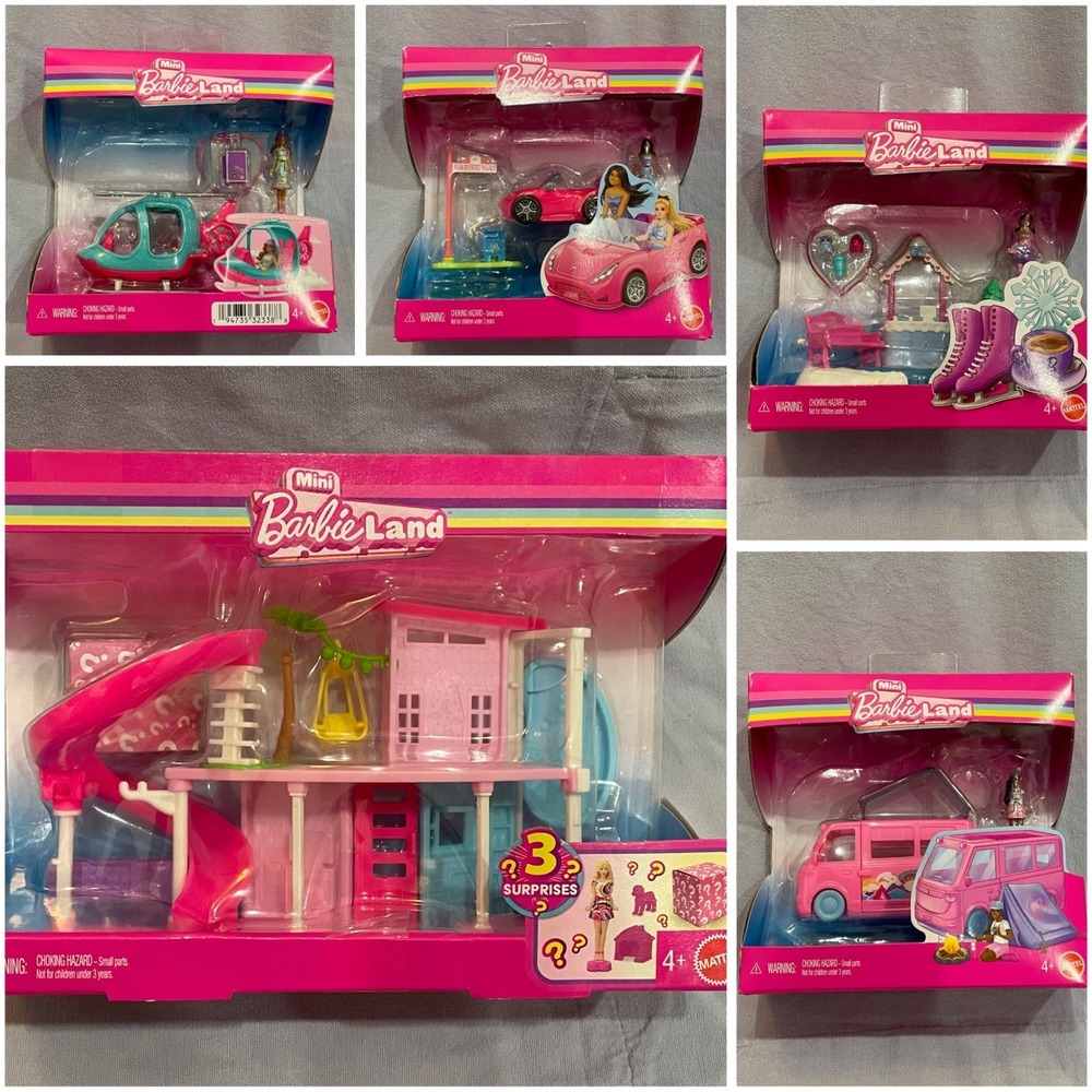 NEW Set of 5 Mattel Barbie Mini Barbieland Play Sets Ice Rink Helicopter RV Car